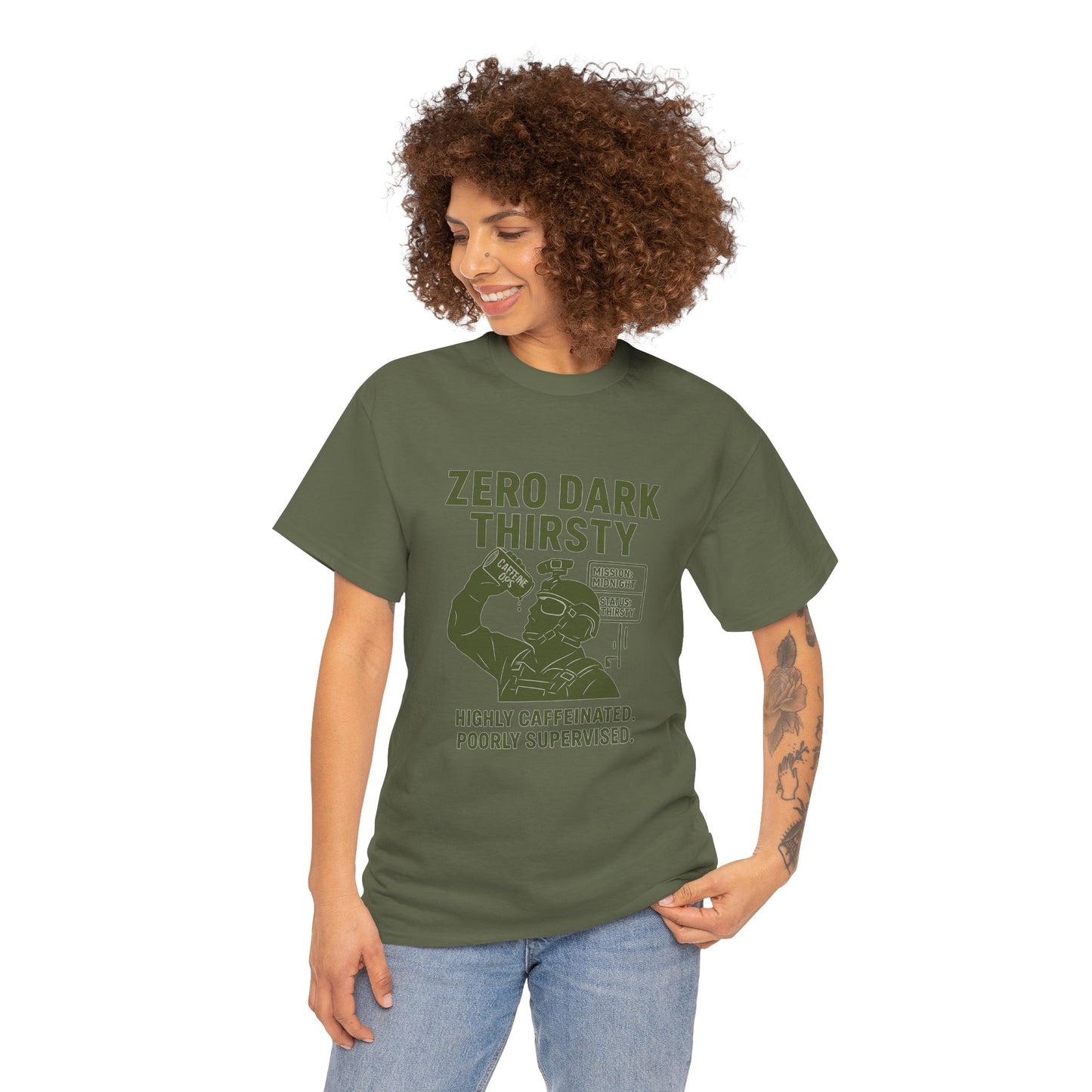 Funny Caffeine Lover Tee - "Zero Dark Thirsty" 100% Cotton T-Shirt